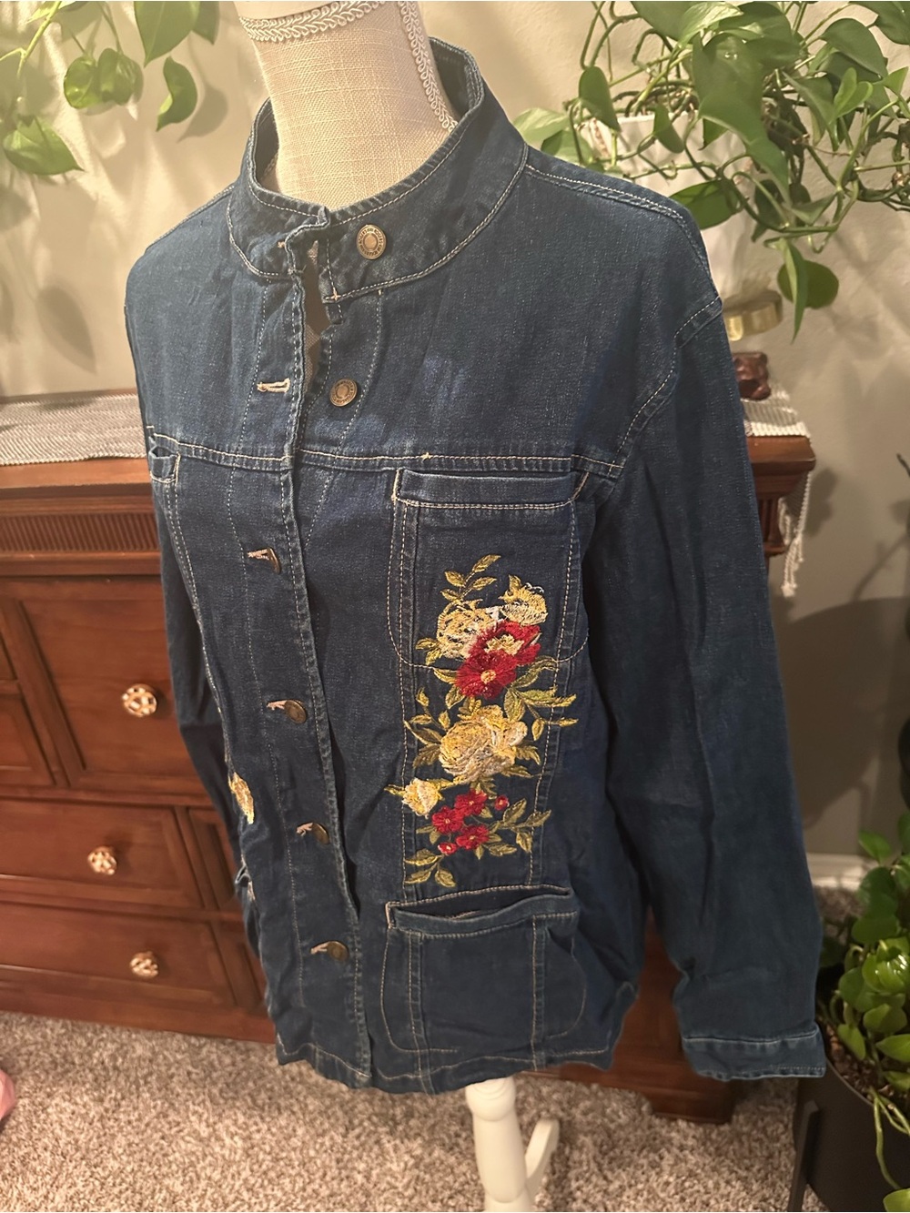Kim Rogers Dark Blue Denim Jacket with Red & Yellow Floral Embroidery